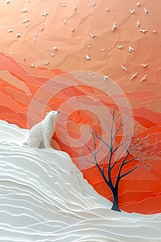 Serene Polar Bear on Snowy Slope Against Stunning Sunlit Orange Sky with Birds and Bare Tree in Vibrant Nature Scene photo