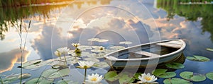 Serene pond at sunset with water lilies and a tranquil rowboat