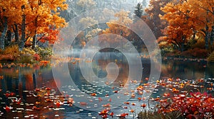 A serene pond surrounded by autumn foliage