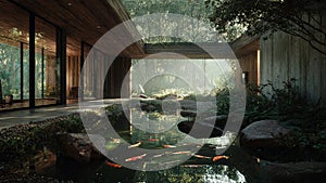 Serene Pondscape with Koi Fish in Modern Courtyard