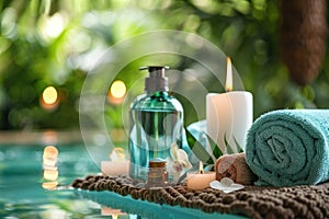 A serene poolside spa setting with teal towels, a translucent green dispenser