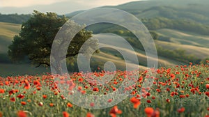 Serene Poppy Field at Sunrise with Lone Tree. Pastoral Landscape, Rural Calmness, Natural Beauty. Perfect for