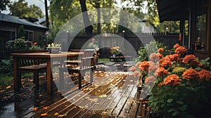 Serene post rain scene with wooden patio, rain kissed, lush flora, tranquil ambiance, embraced by soft light in a tended garden.