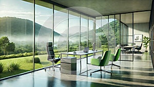 Serene Productivity: Modern Office with Scenic Green Hill View and Minimalist Design photo