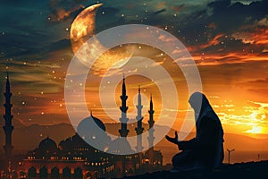 Serene Ramadan Evening Prayer Against a Breathtaking Crescent Moon