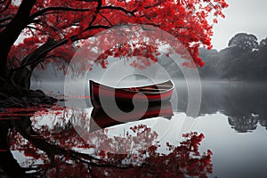 Serene Red Canoe on Misty Lake