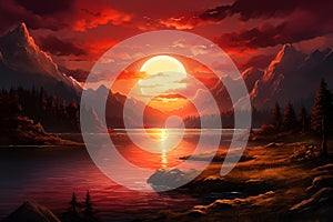 Serene Red sunset view. Generate Ai