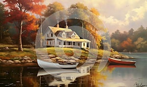 Serene Reflections: Tranquil lake, boat, and house painting