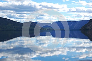 Serene reflective lake in Norway. Lake Nisser, Telemark County.