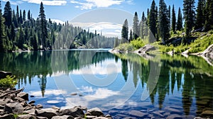 A serene, reflective lake surrounded by evergreen trees