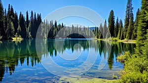 A serene, reflective lake surrounded by evergreen trees