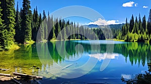 A serene, reflective lake surrounded by evergreen trees