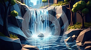 Stylized Low Poly Waterfall Landscape