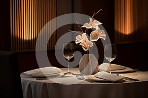 Serene restaurant table with floral centerpiece, perfect for intimate celebrations. Valentine's Day