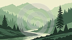 Serene River Flowing Through Lush Forest Mountains, vector design Generative AI