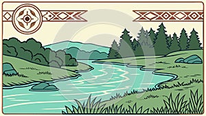 Serene River Landscape with Forest and Hills, Nature View, vector design Generative AI