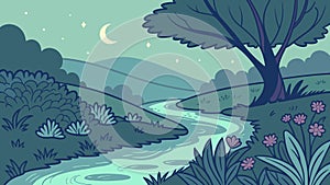 Serene River Scene with Forest and Crescent Moon, vector design Generative AI
