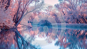 Serene river scene with pink-hued trees and reflections in the calm blue water under a pastel sky photo