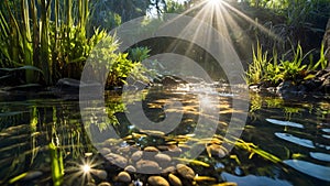 Serene River Scene: Samba Argentina Swimming Amid Lush Aquatic Plants and Pebbles photo