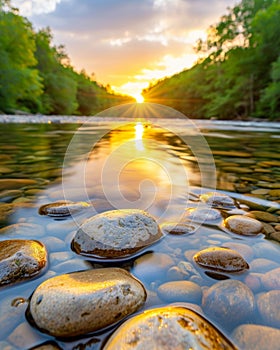 Serene river sunset reflections with tranquil stones and lush greenery