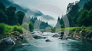 Serene River Surrounded By Mountainous Forest In Cloud