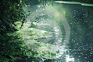 Serene River Whispers: Algae\'s Gentle Embrace. Concept Nature Photography, Water Reflections, Plant