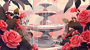 Serene Rose Garden with Elegant Fountain Illustration