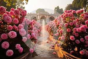 Serene rose garden at sunrise with fountain