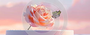 Serene Rose Silhouette with Dew - Pastel Pink Haze on White Stand, Artistic Floral Concept