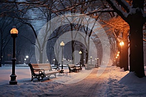 A serene row of park benches covered in snow, providing a peaceful spot in a winter landscape, A twilight scene of a city park