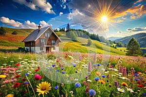 A Serene Rural Escape Charming Cottage Nestled in a Sunny Meadow Capturing the Peaceful Beauty of a Dream photo