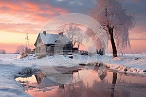 Serene Rural winter landscape village house. Generate Ai