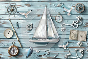 Serene sailing scene with a sailboat, seagulls, and nautical elements on wood.