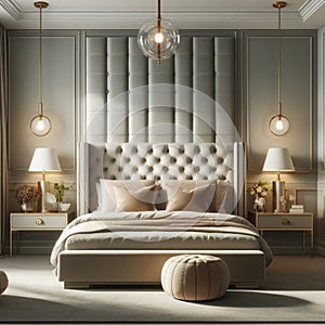 Serene sanctuary: plush tufted bed in a sophisticated light-toned bedroom