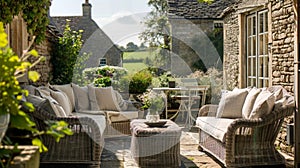 Serene Sanctuary: Rustic Elegance Flourishes in a Countryside House Patio Garden Lounge with Classic Sofa