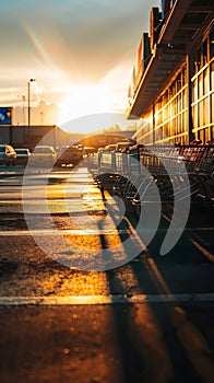 A serene scene as the sun sets, highlighting a row of shopping carts in the parking area of a commercial building.