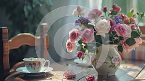 A serene scene with a bouquet of roses in a vase, accompanied by a floral teacup on a wooden table, bathed in soft