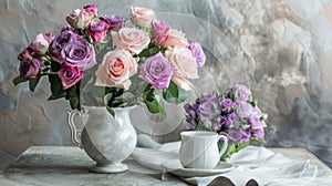 Serene scene with a bouquet of roses in a vase accompanied by a flower cup on a wooden table.