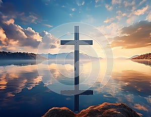 A serene scene of a cross standing on a calm lake with a beautiful sky background