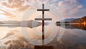 A serene scene of a cross standing on a calm lake with a beautiful sky background