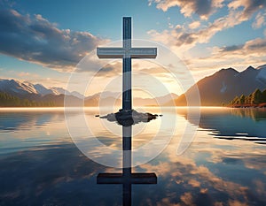 A serene scene of a cross standing on a calm lake with a beautiful sky background