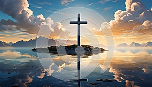 A serene scene of a cross standing on a calm lake with a beautiful sky background