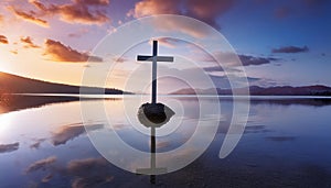 A serene scene of a cross standing on a calm lake with a beautiful sky background