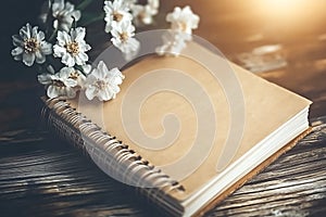 Soft Light on Blank Notebook with White Flowers on Wooden Table Background