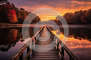 A serene scene featuring a wooden pier leading to a calm lake, surrounded by an autumn forest. Generative AI