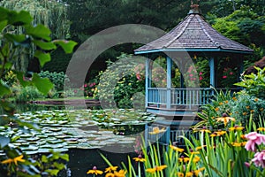 A serene scene of a gazebo perched in the center of a pond, encircled by an array of vibrant flowers, A flower-filled gazebo