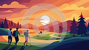 A serene scene of golfers walking along the course the sky a canvas of vibrant colors as the sun sets behind them