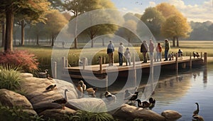 serene scene of a lakeside pier where a group of birdwatchers photo