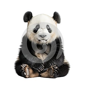 Serene scene of a panda peacefully sitting alone against a clean white backdrop