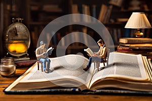 Miniature Readers in a Vintage Library